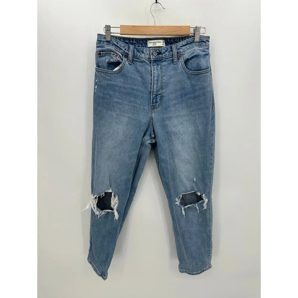 Abercrombie & Fitch The Mom High Rise Jeans Women 8R‎ Distressed Curve Love Blue